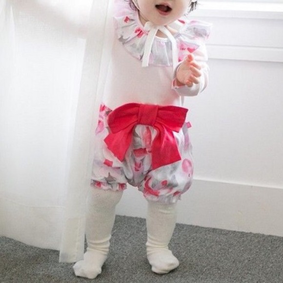 Floral Print Large Bow Long Sleeve Bubble Shorts Bodysuit - Picture 2 of 4